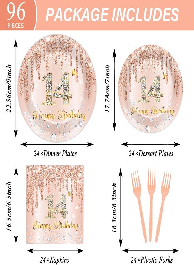 CHUNNIN 96 Pcs Rose Gold 14th Birthday Party Plates and Napkins for Girls Rose Gold Party Supplies Pink Happy 14 Years Birthday Party Tableware Set for 24 Guests Party Decorations - Image 2